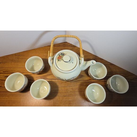 Japan Teapot 6 cups Set White Mod Flower Design Bamboo Handle OMC - Picture 3 of 14